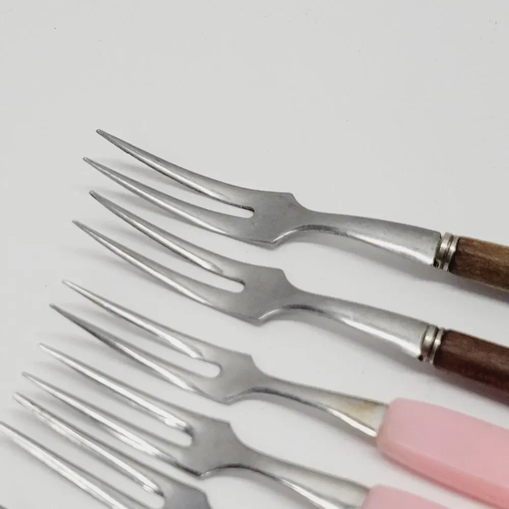7 Vintage Mini Cocktail Appetizer Forks Stainless Wood Plastic 4